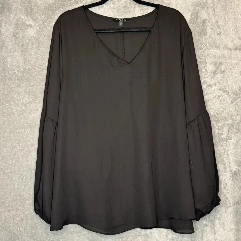 Sami & Jo 3X Shirt Top Black Solid Ballon Long Sleeve V Neck Casual Womens